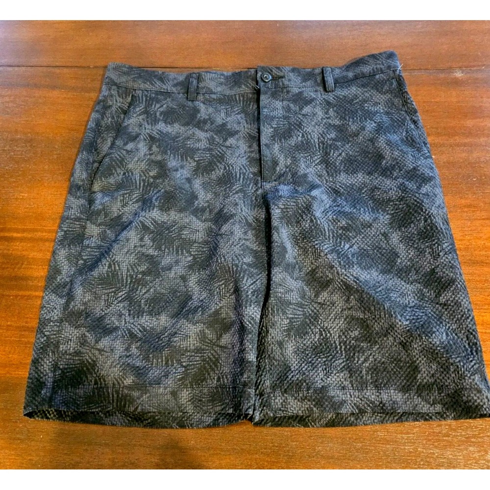 PGA Tour Golf Shorts Mens 34 Grey Black Palm Leaf Print Textured Performance